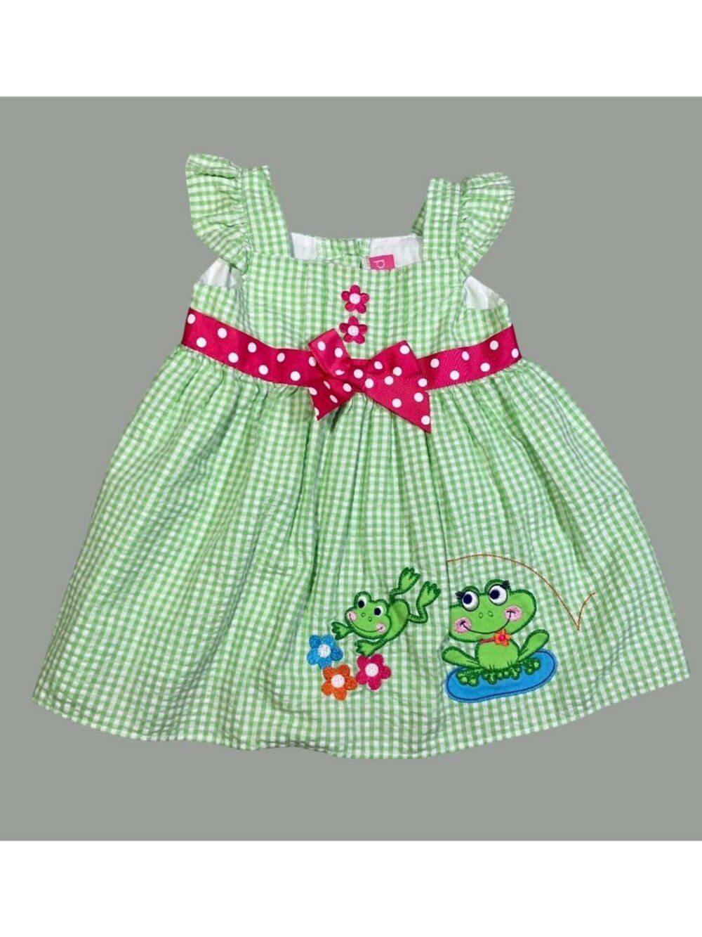 Toddler Girls Green & White Gingham Dress With Frog Size 18 Months
